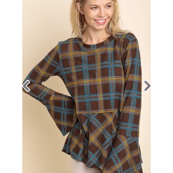 Umgee Tops - Plaid Long Trumpet Sleeve Top with a Ruffled Hem